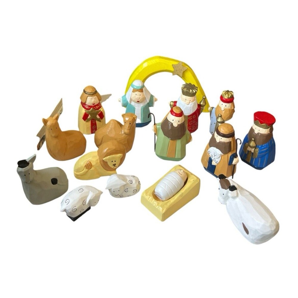 SCF Children's Nativity Creche Wood Nativity Set Folk Art Christmas 16 Pieces
